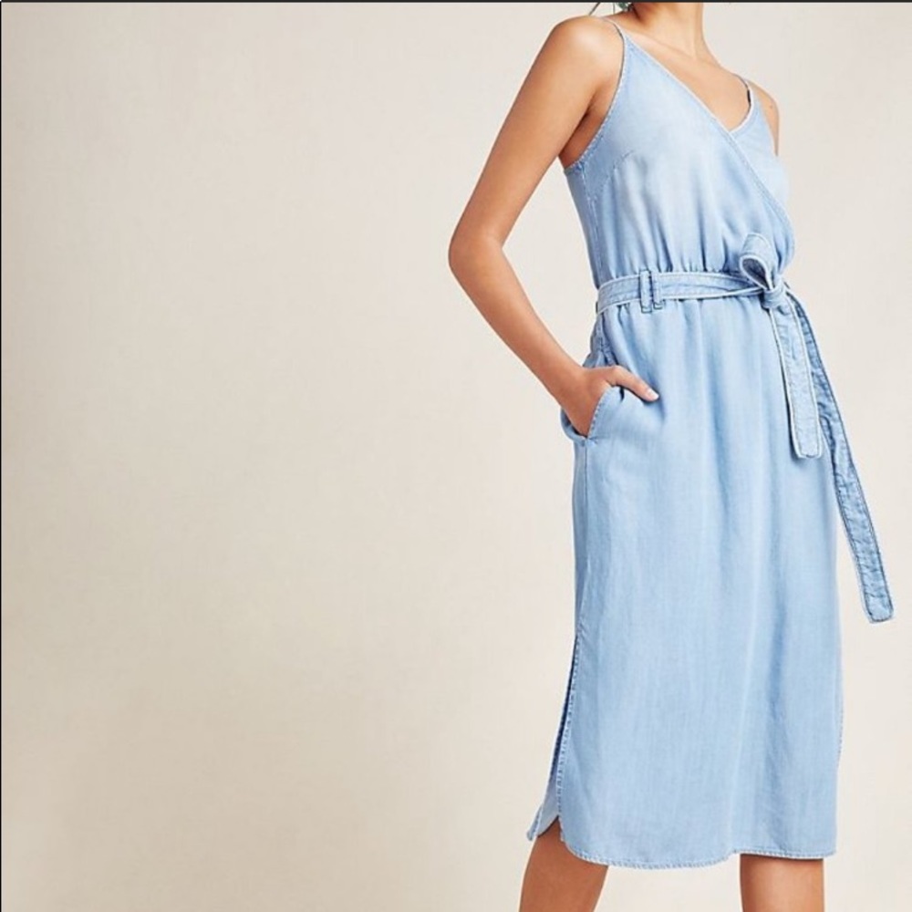 Anthropologie Light Blue Chambray Wrap Midi Dress